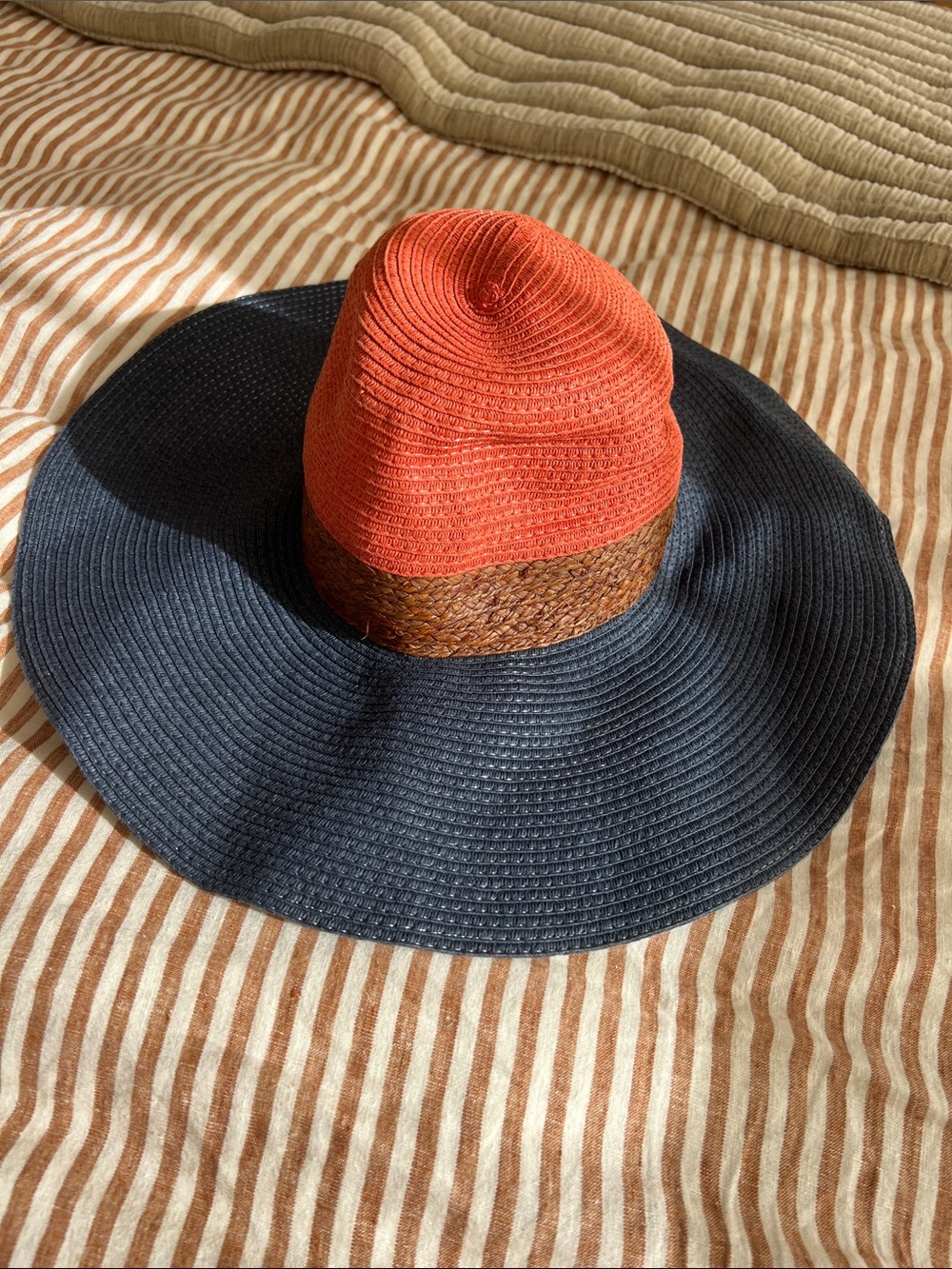 Wide-Brim Straw Sun Hat, Floppy Hat Vacation - Orange Crown, Navy Brim, Braided